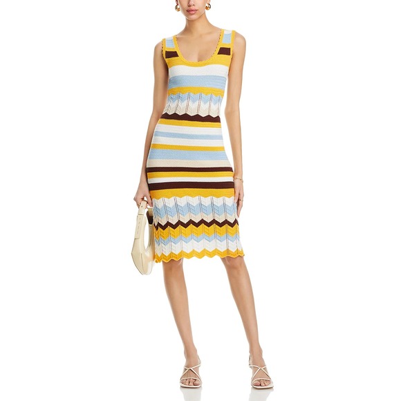 French Connection Nellis Cotton Crochet Pencil Midi Dress-Size 8-Multi Stripe - Picture 1 of 15